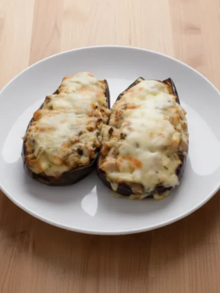Un plato con dos berenjenas rellenas de carne y tomate gratinadas al horno