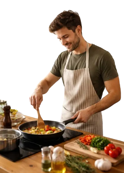 Sobre nosotros: Manuel cocinando un sofrito