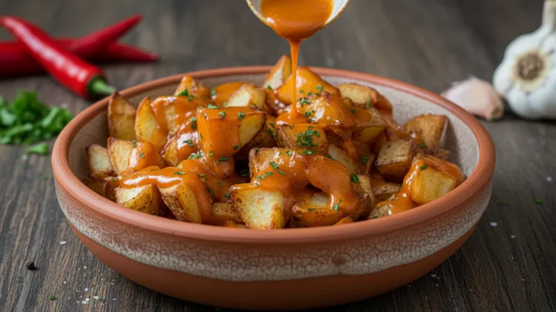 Un cuenco con patatas bravas, una tapa típica de la cocina española.