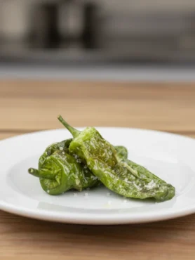 Dos pimientos de padrón fritos en un plato sobre una mesa