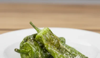 Dos pimientos de padrón fritos en un plato sobre una mesa