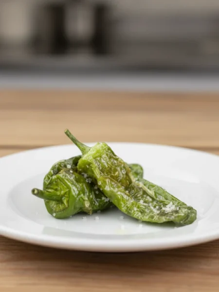 Dos pimientos de padrón fritos en un plato sobre una mesa