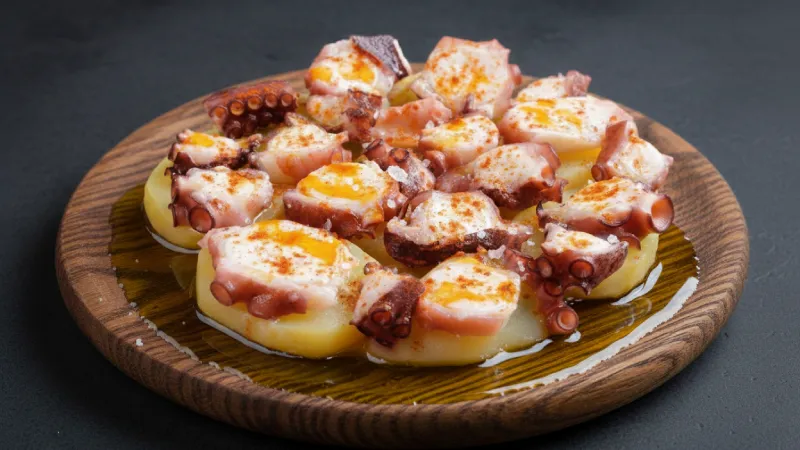Un plato de madera con pulpo a la gallega