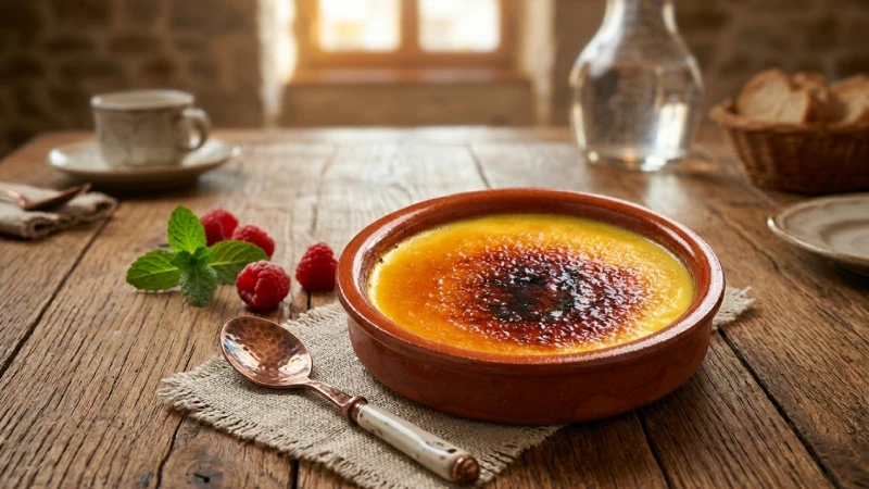 Un cuenco de barro con crema catalana sobre una mesa.